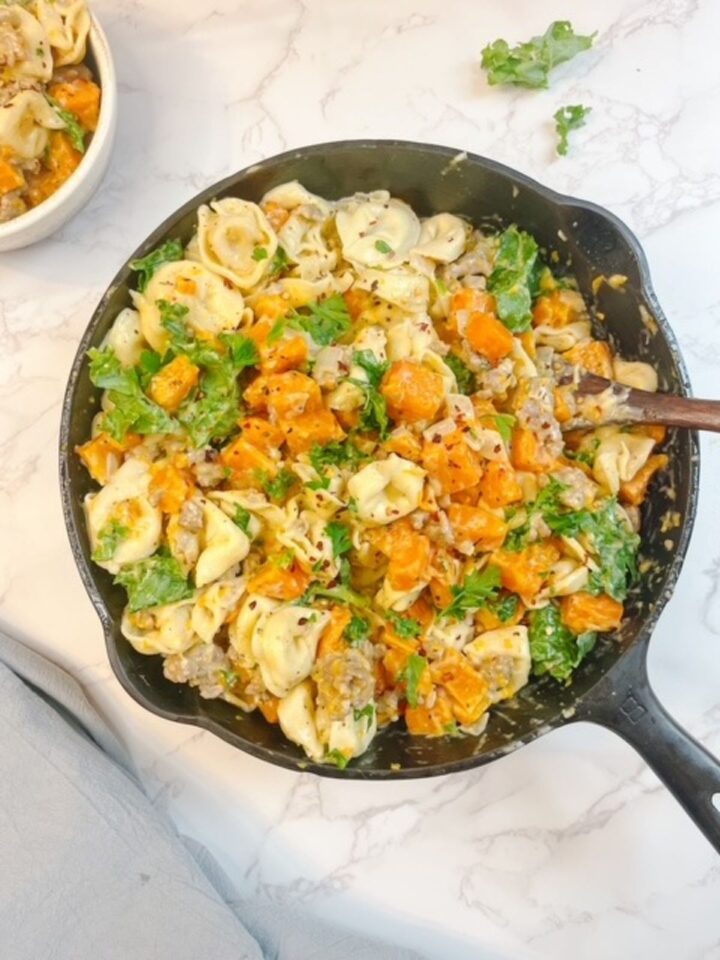 butternut squash, sausage, tortellini, and kale skillet