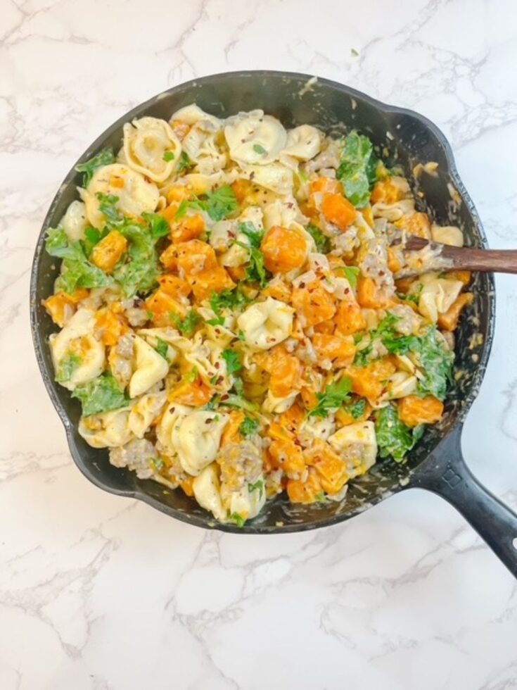 completed butternut squash, sausage, tortellini, and kale