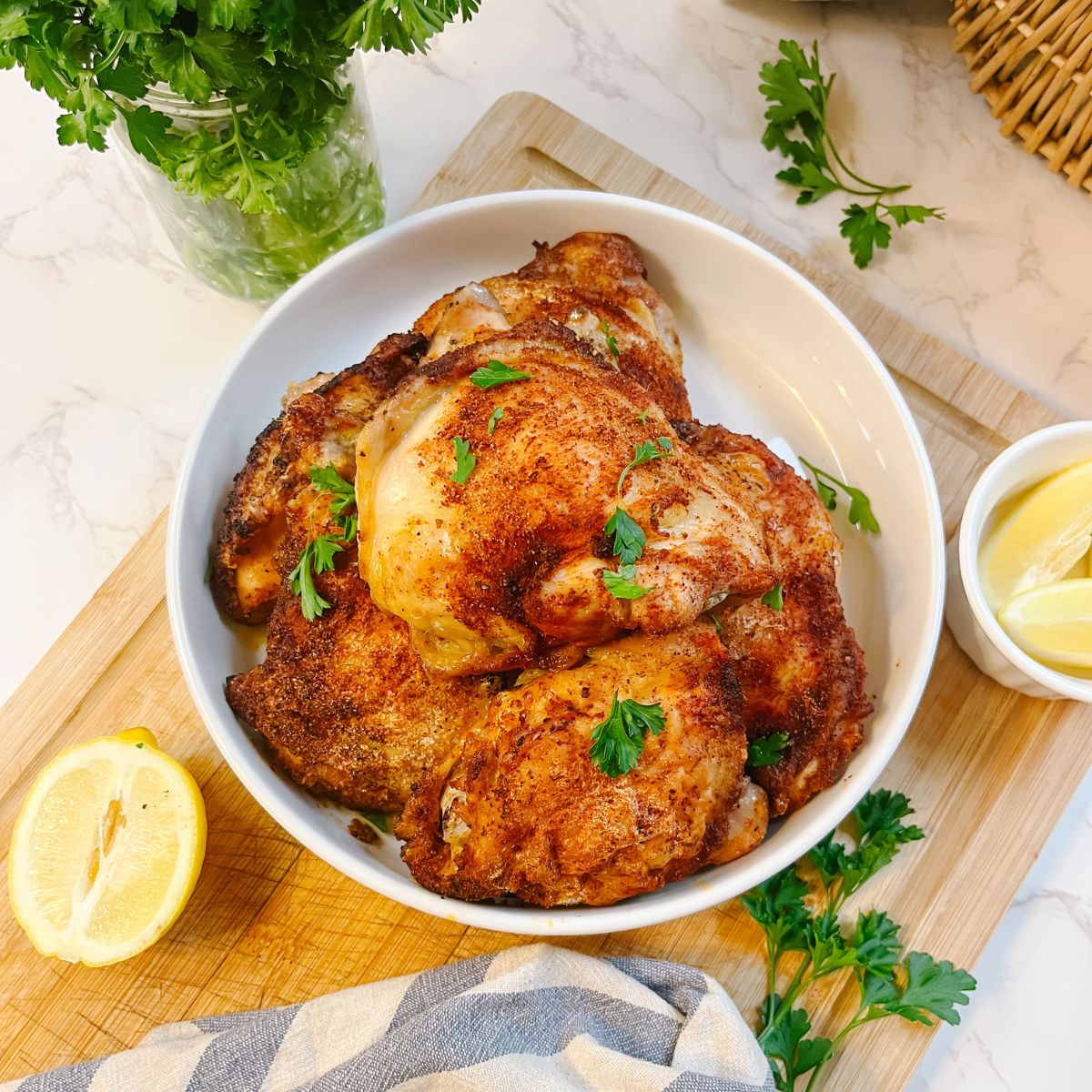 Crispy baked chicken thighs are an easy weeknight dinner recipe!