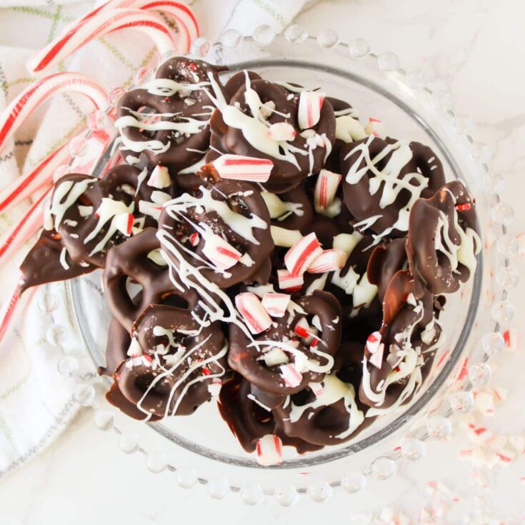 Serve dark chocolate covered pretzels with peppermint chips.