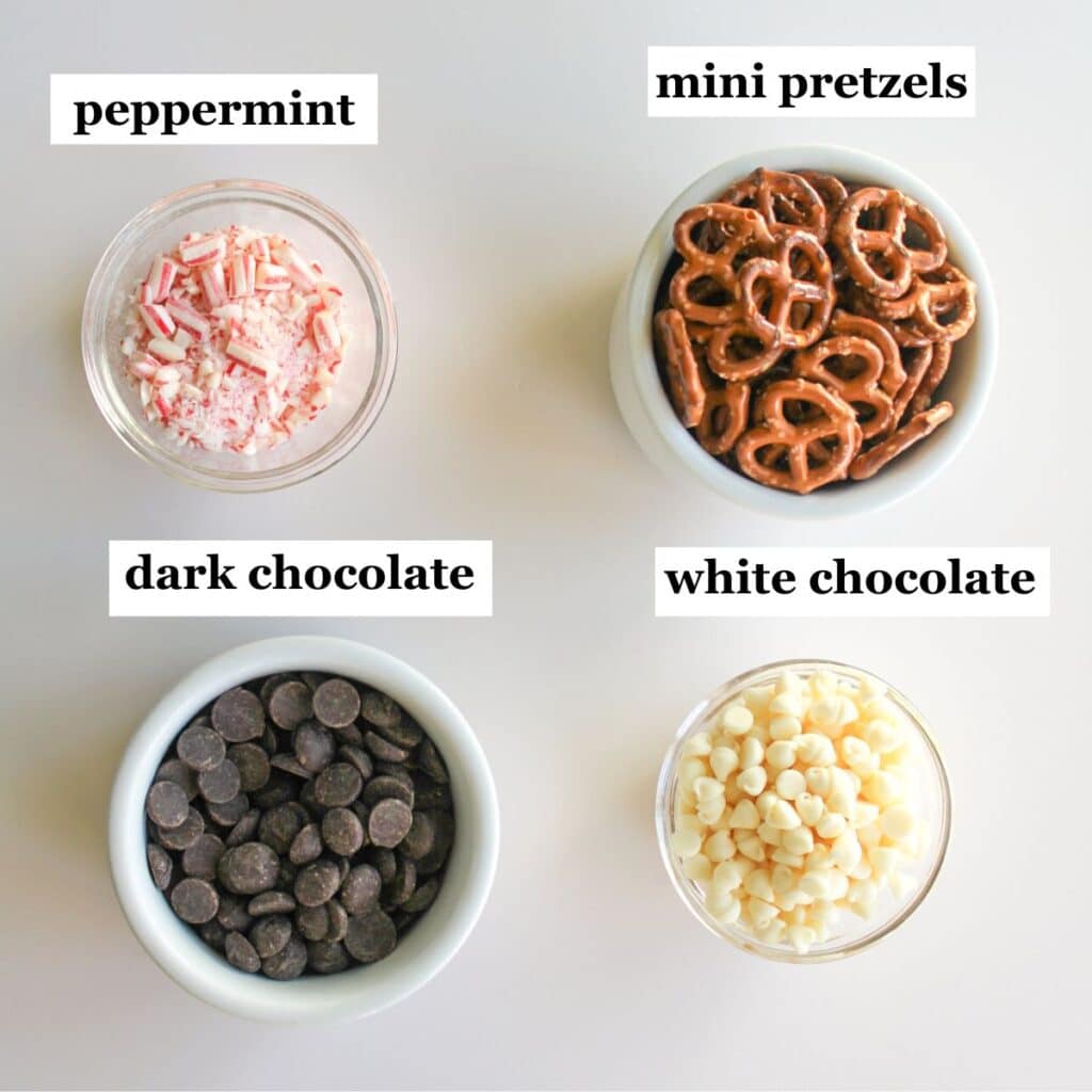 You need peppermint, mini pretzels, dark chocolate and white chocolate to make chocolate dipped pretzels.