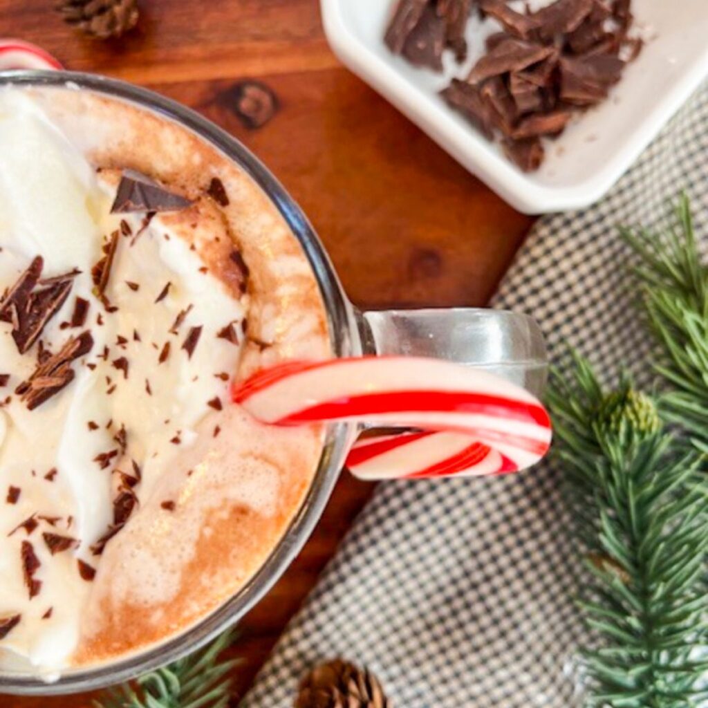 Serve dark hot cocoa with dark chocolate shavings and a candy cane.