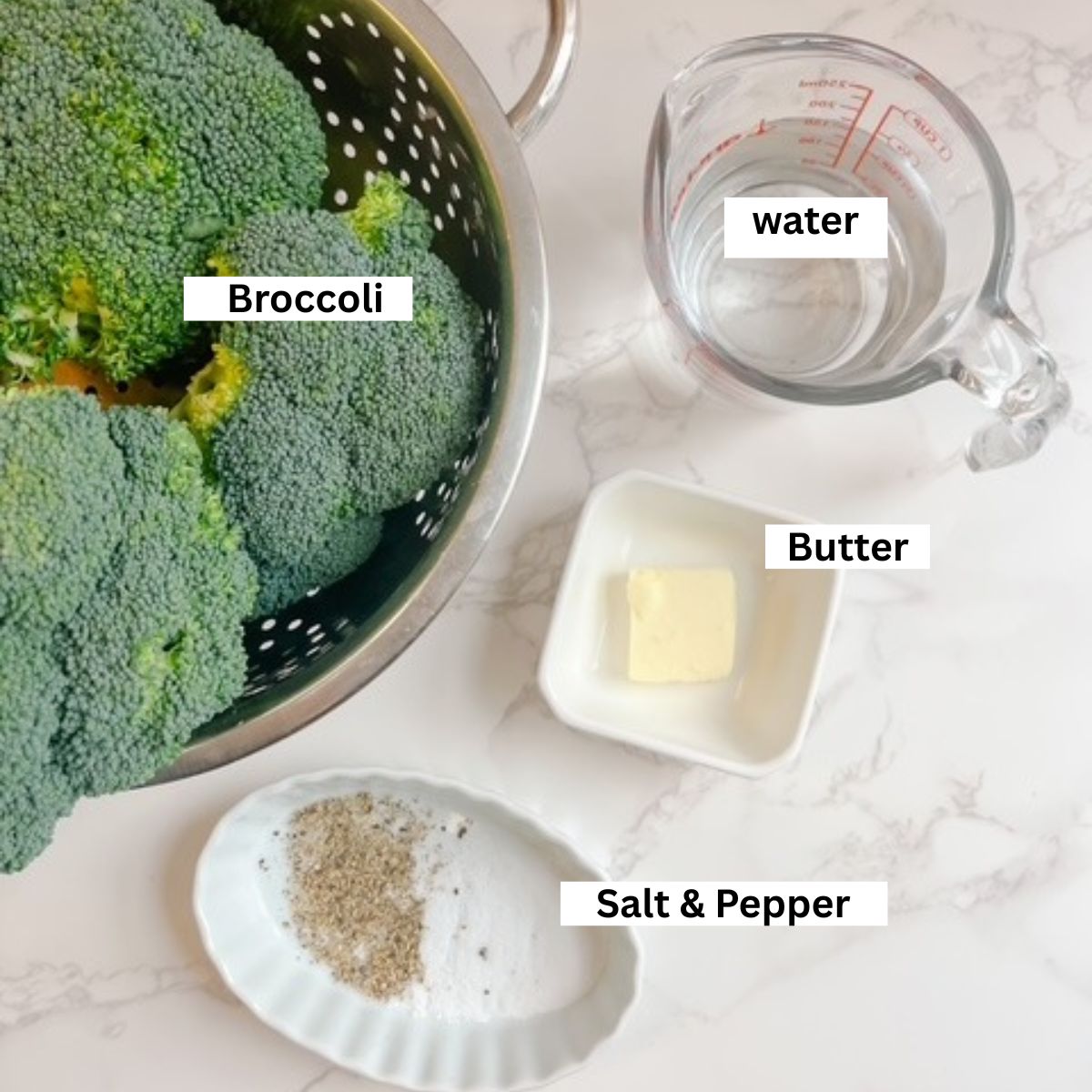 broccoli, water, butter, salt, and pepper