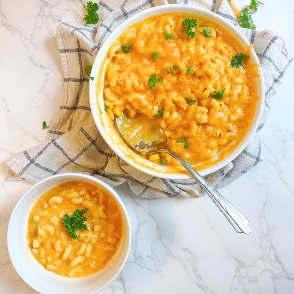 A bowl of butternut squash mac and cheese.