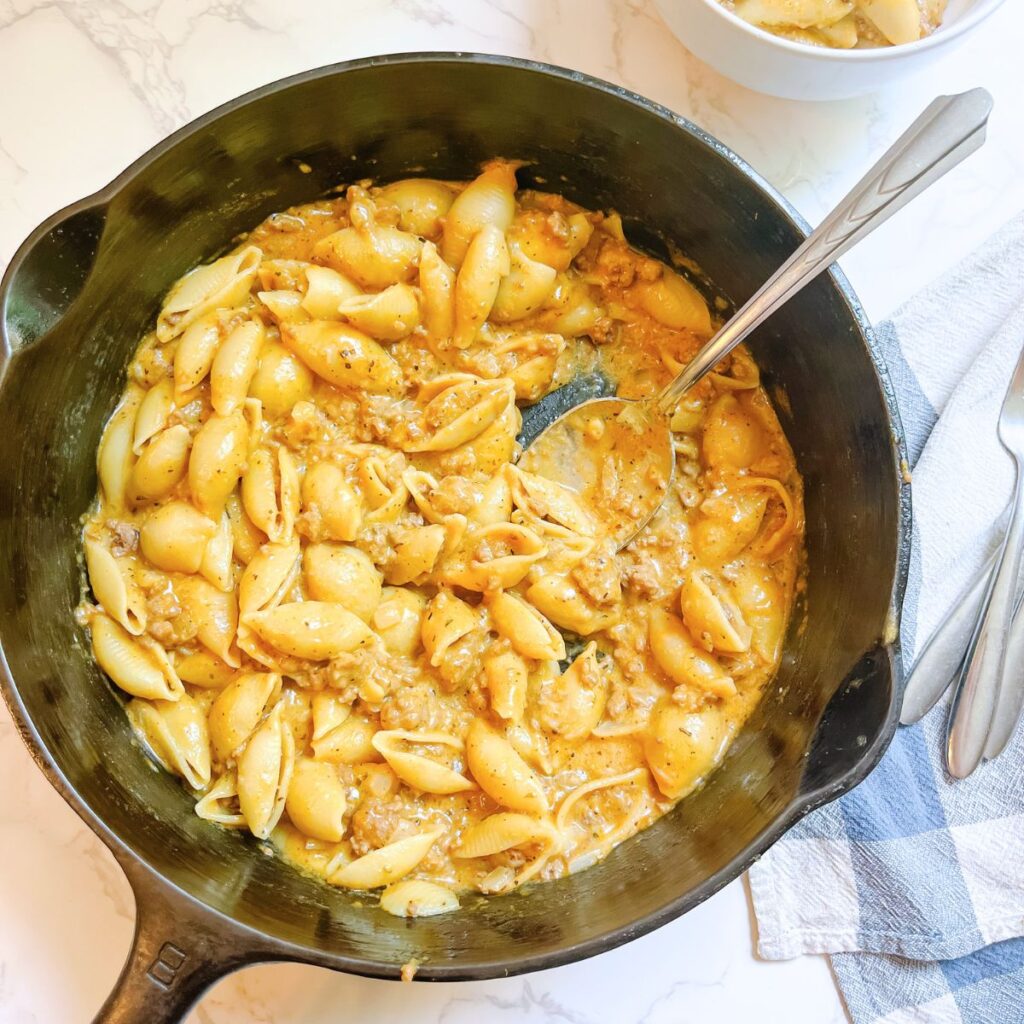 A skillet of homemade hamburger helper.