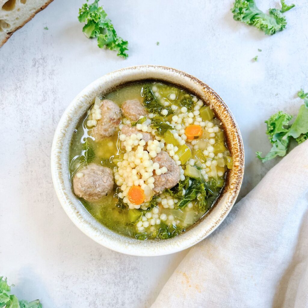A bowl of Italian wedding soup.