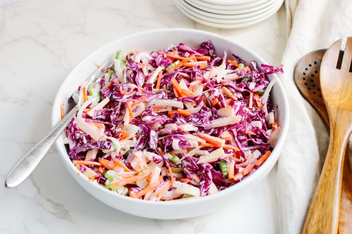 red cabbage salad on plate ready to be served