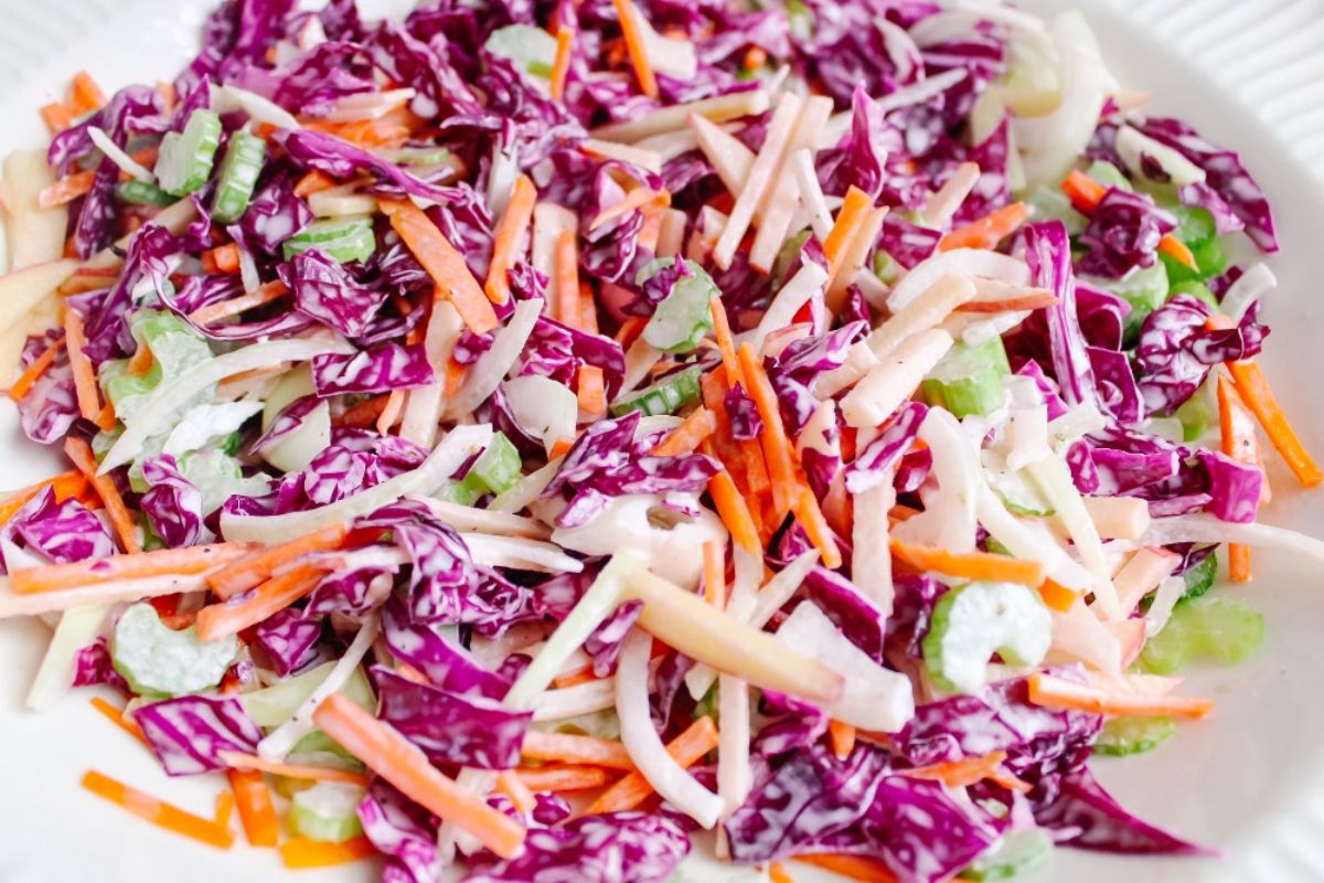 red cabbage salad up close of mixed ingredients