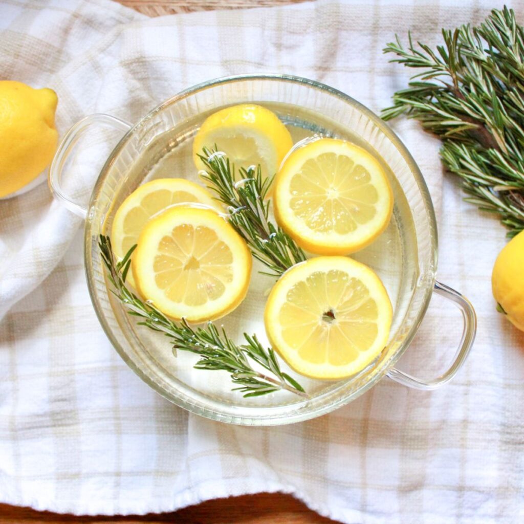 Fresh lemon slices and rosemary sprigs in a simmer pot with water create a fresh spring potpourri!