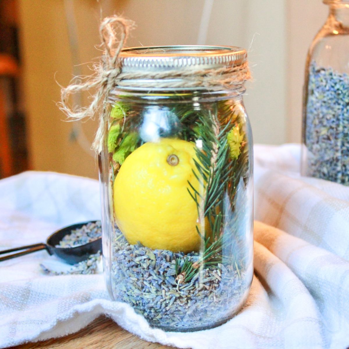 Fill a mason jar with a whole lemon, fresh pine sprigs and dried lavender to give the simmer pot kit as a gift.