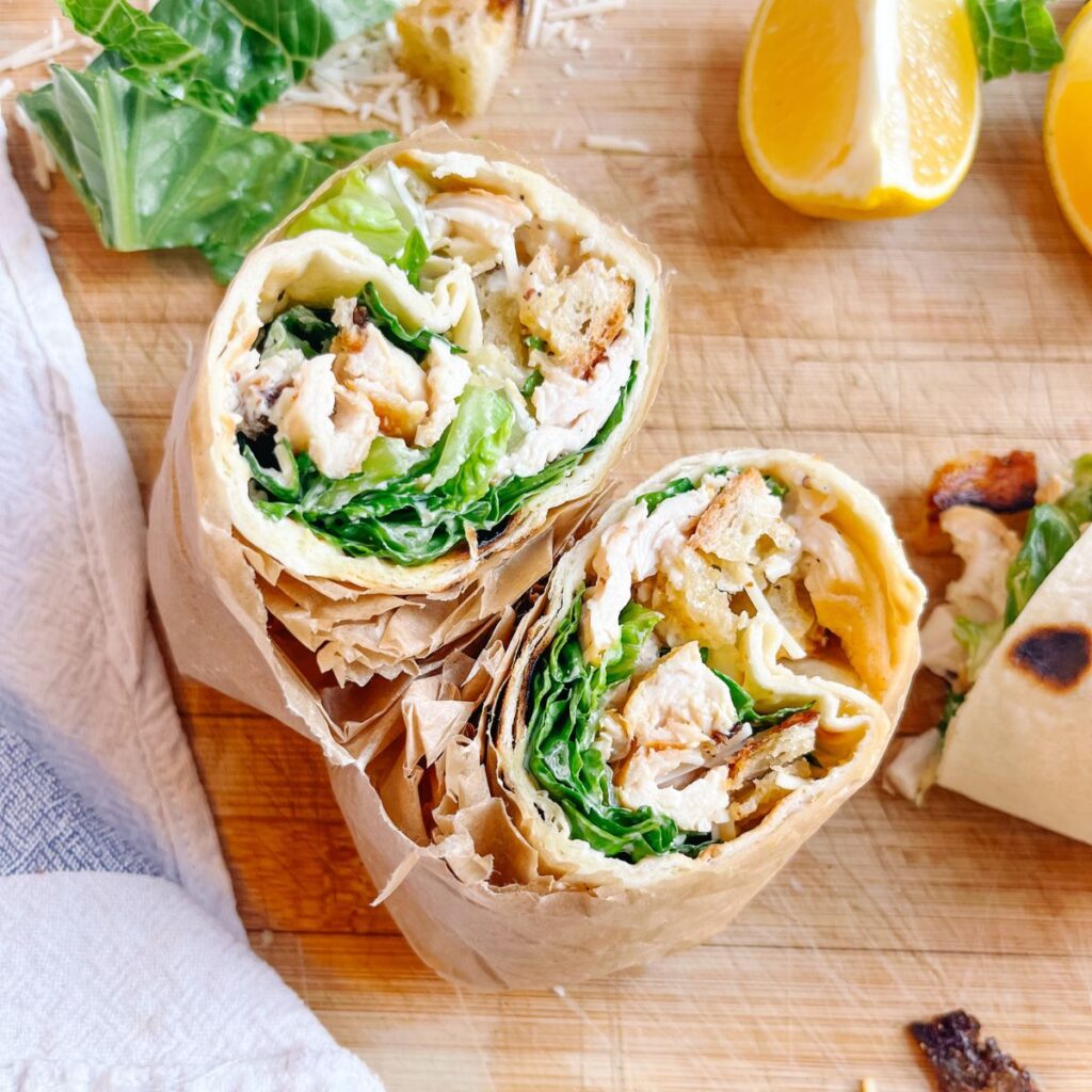 Slice the chicken caesar wrap in half for serving!