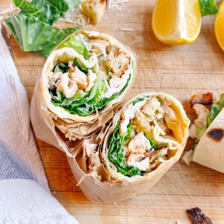 Slice the chicken caesar wrap in half for serving!