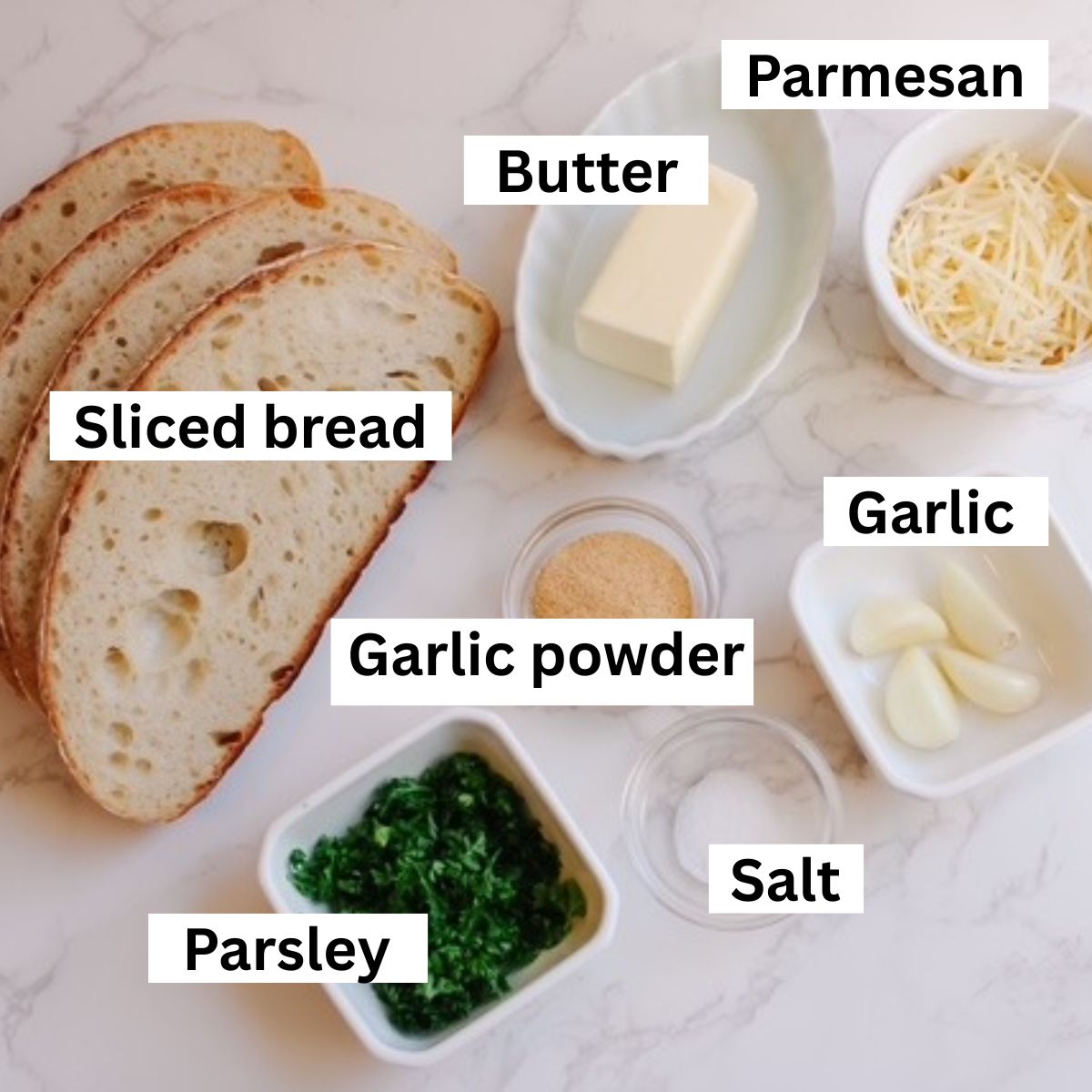 Ingredients needed to make homemade garlic bread