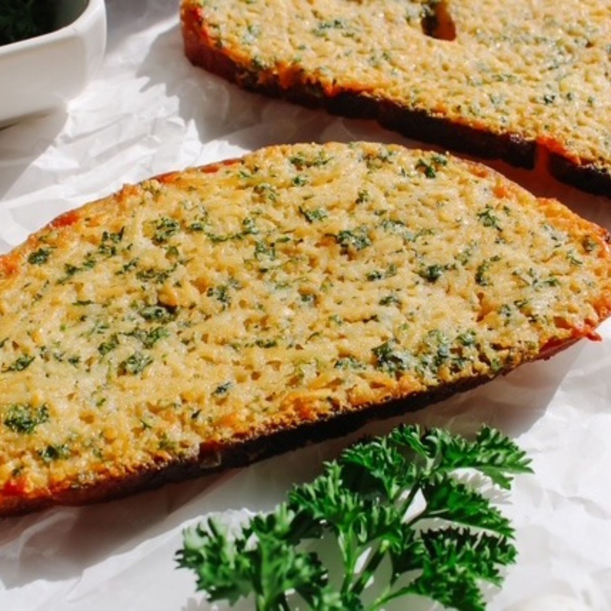 baked garlic bread up close