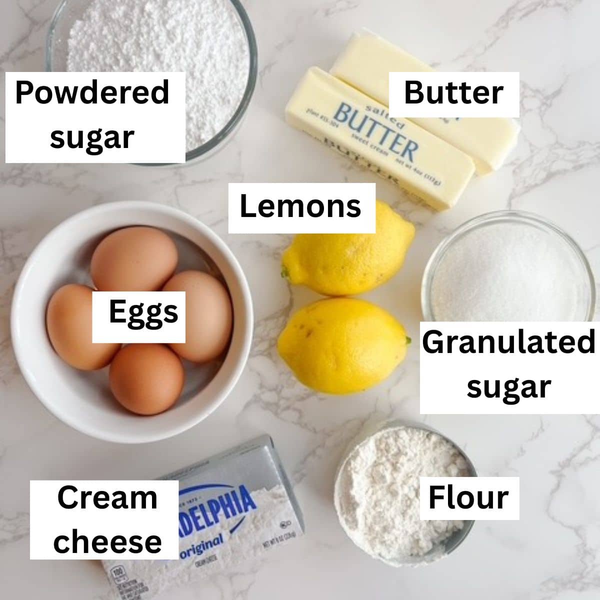 Ingredients needed for lemon cream cheese bars