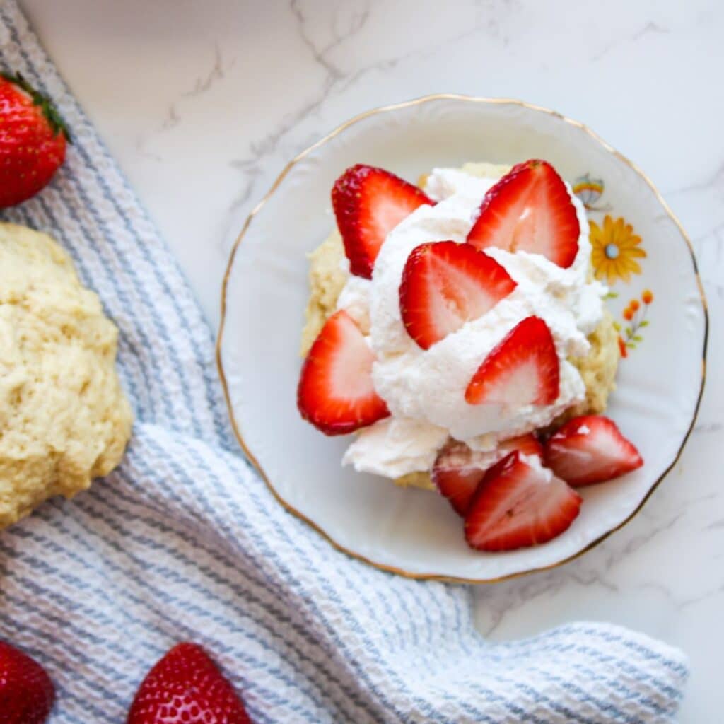 A serving of sourdough strawberry shortcake on a small bowl topped with homemade whipped cream and strawberry slices.