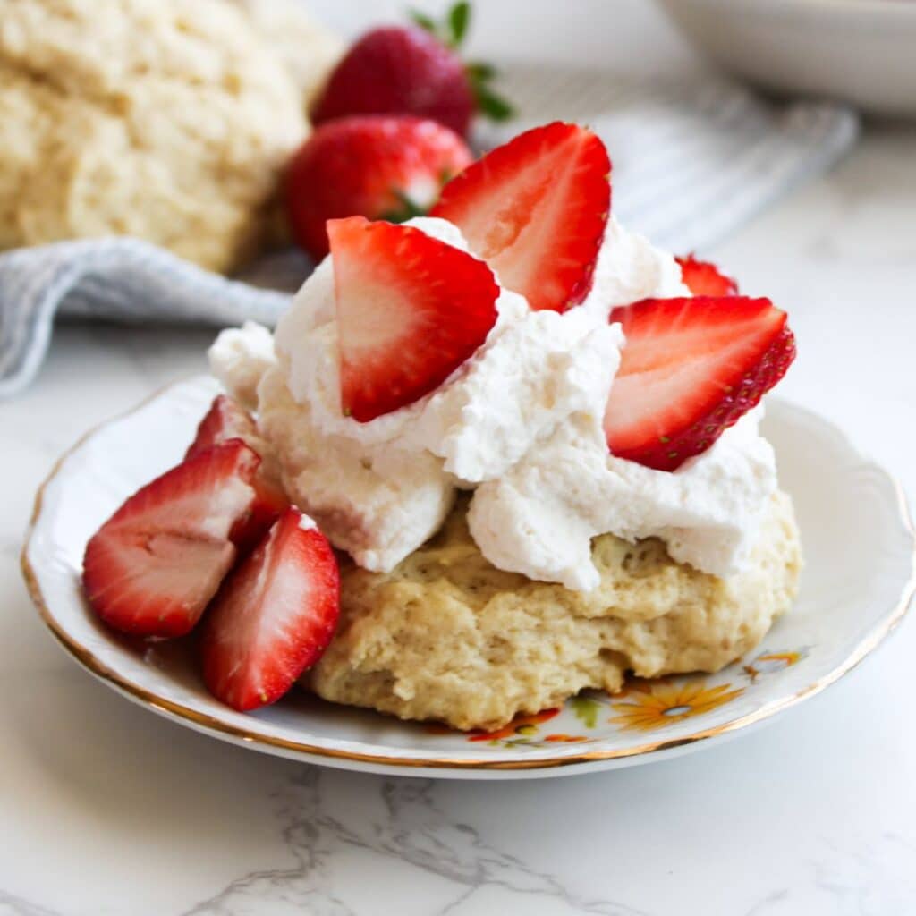 A serving of sourdough strawberry shortcake on a small bowl with homemade whipped cream on top and fresh strawberry slices.