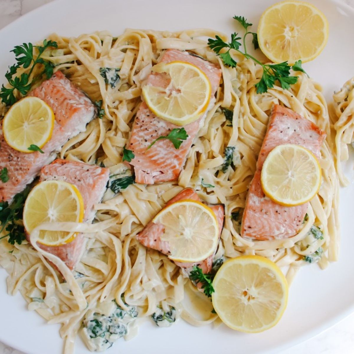 lemon salmon pasta ready to serve