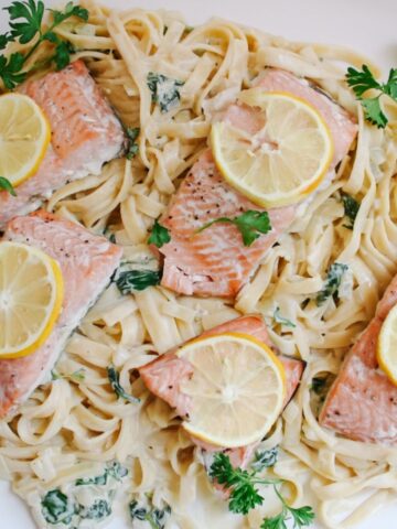 lemon salmon pasta on platter up closer