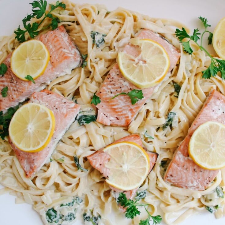 lemon salmon pasta on platter up closer