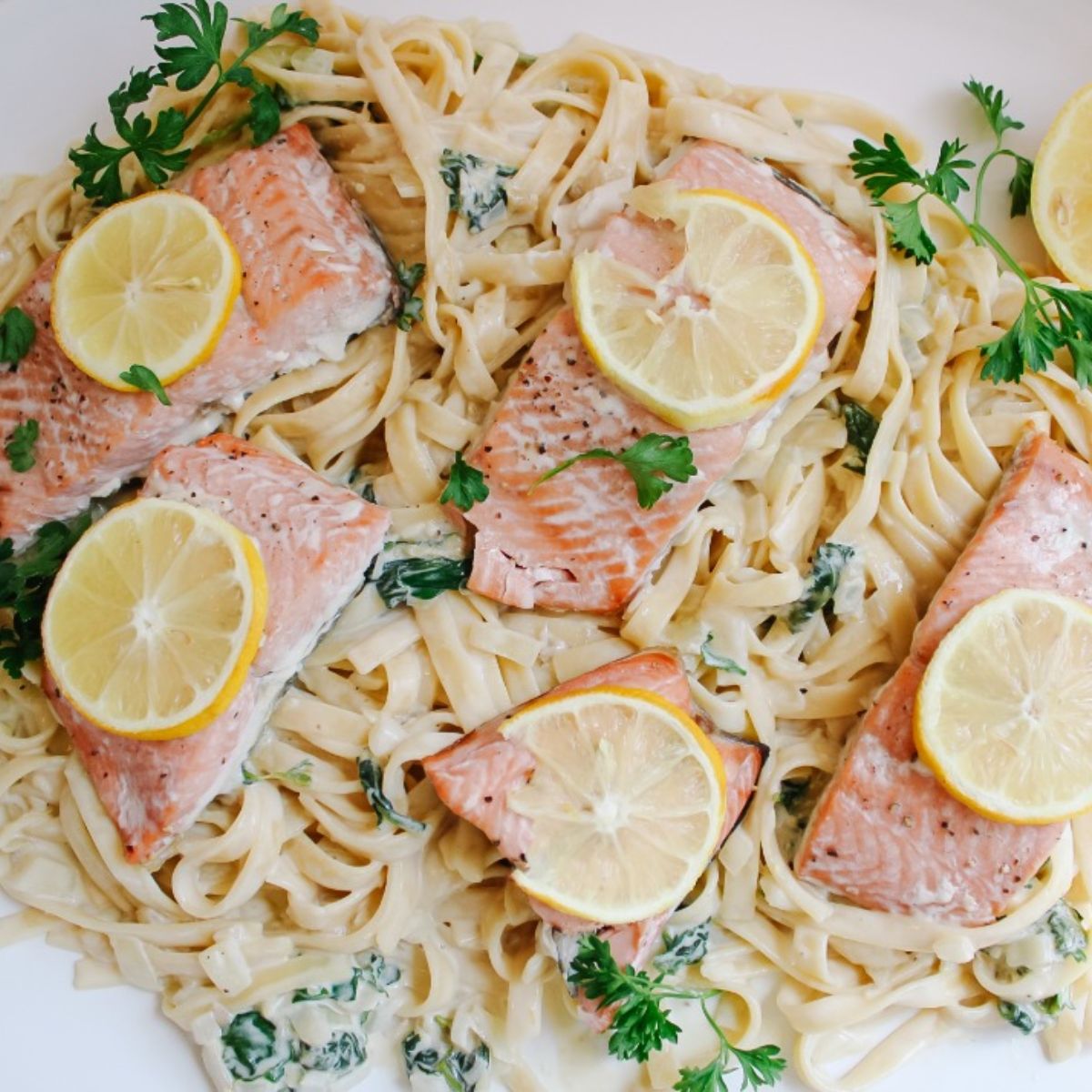 lemon salmon pasta on platter up closer