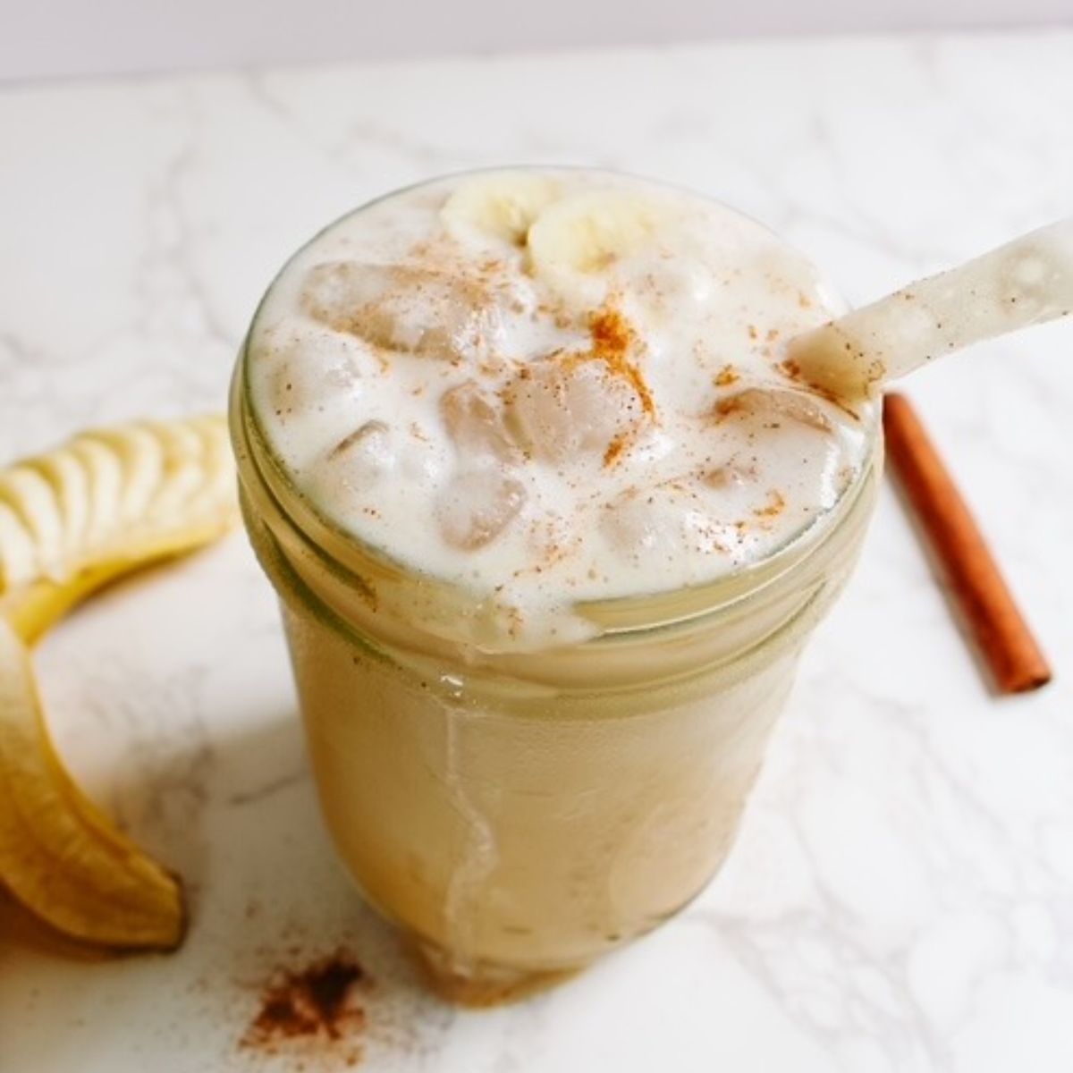 iced banana bread latte with straw