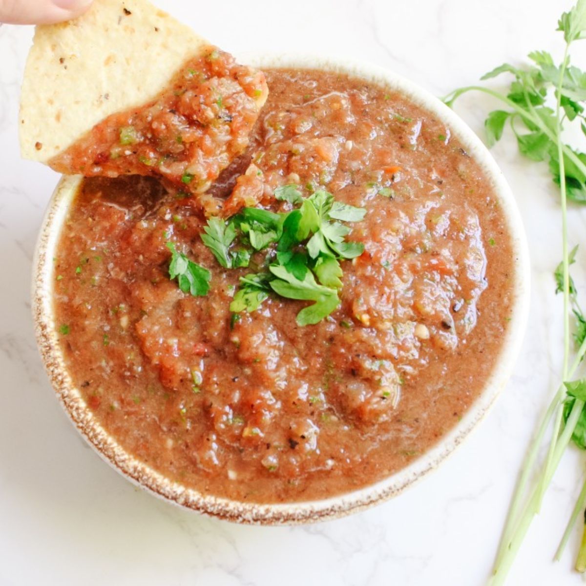 salsa in bowl with chip dipped in