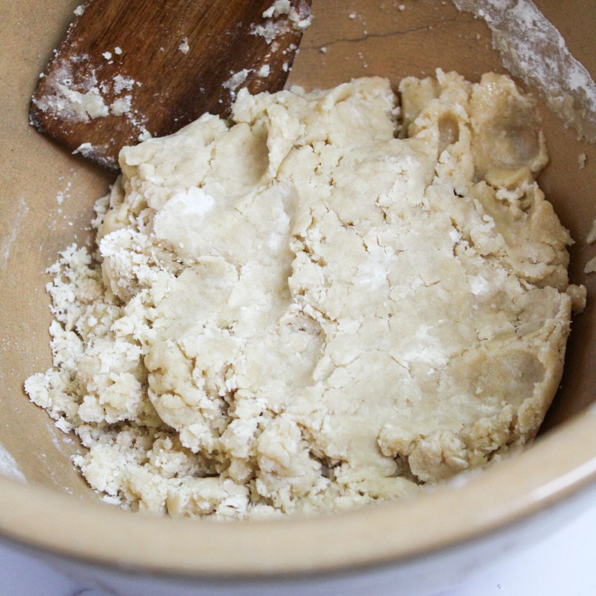 Oil based pie crust dough in a mixing bowl.