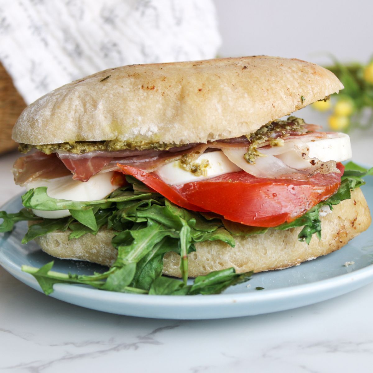 A pesto panini on a blue plate. The pesto panini has pesto, prosciutto, mozzarella cheese, tomato slices and fresh arugula.