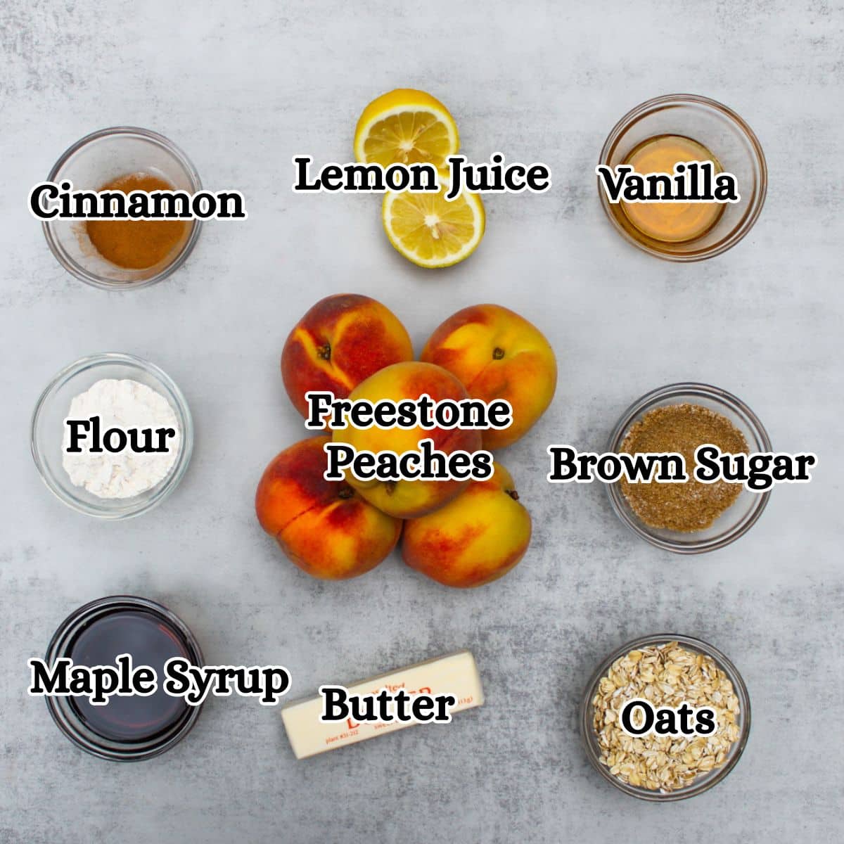 Peach crisp recipe ingredients.
