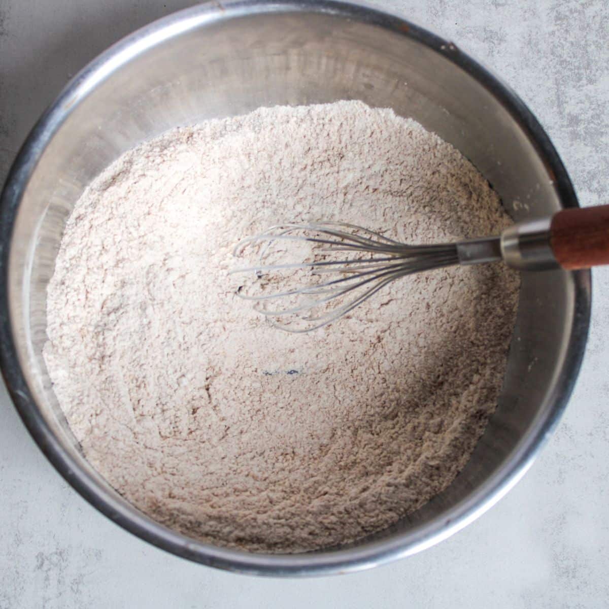 Whisk together the dry ingredients in a large mixing bowl.