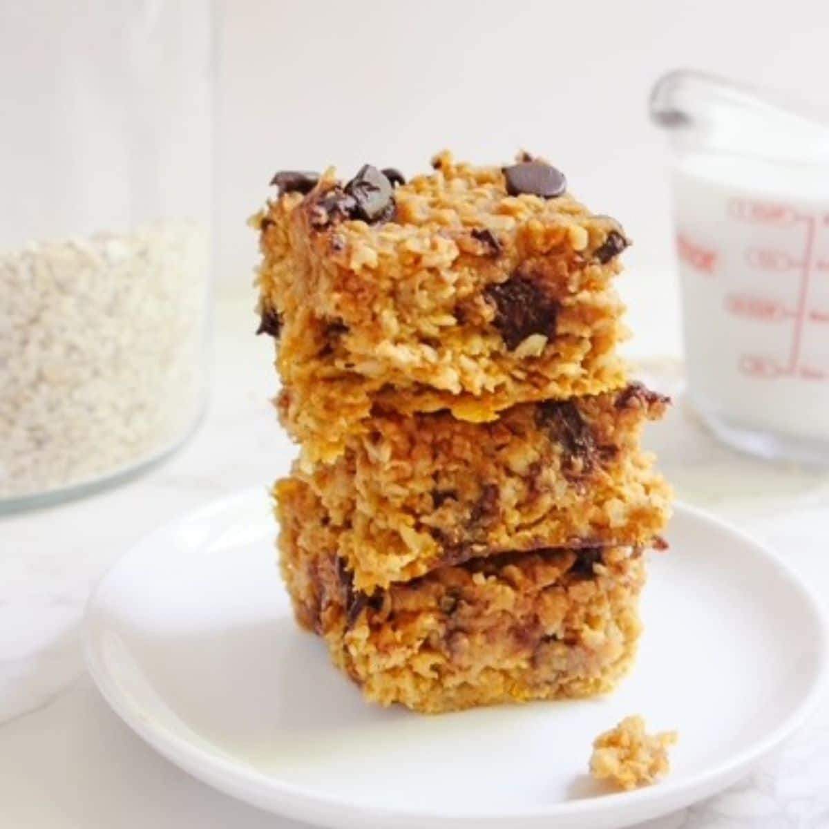 Pumpkin baked oatmeal on a white plate. 