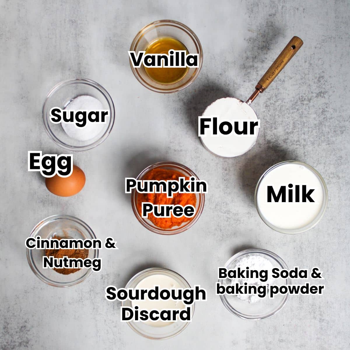 The ingredients needed to make sourdough pumpkin pancakes are vanilla, flour, sugar, egg, pumpkin puree, milk, cinnamon and nutmeg, baking soda, baking powder, and sourdough discard.