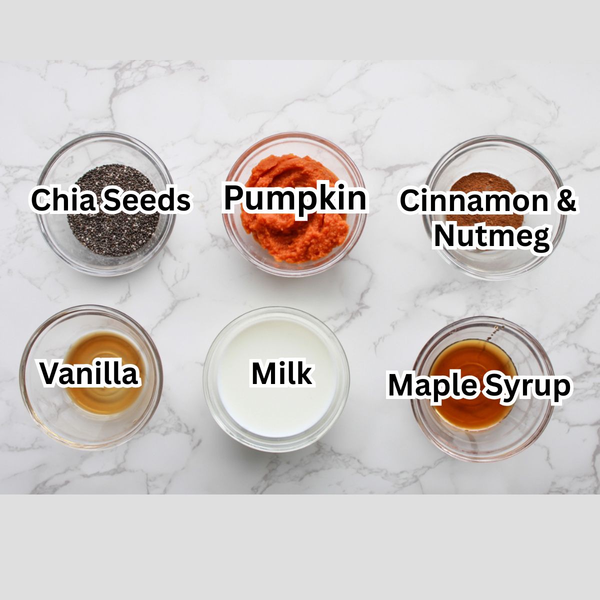 6 glass bowls holding the ingredients needed to make pumpkin chia pudding with text over each ingredient naming that ingredient.