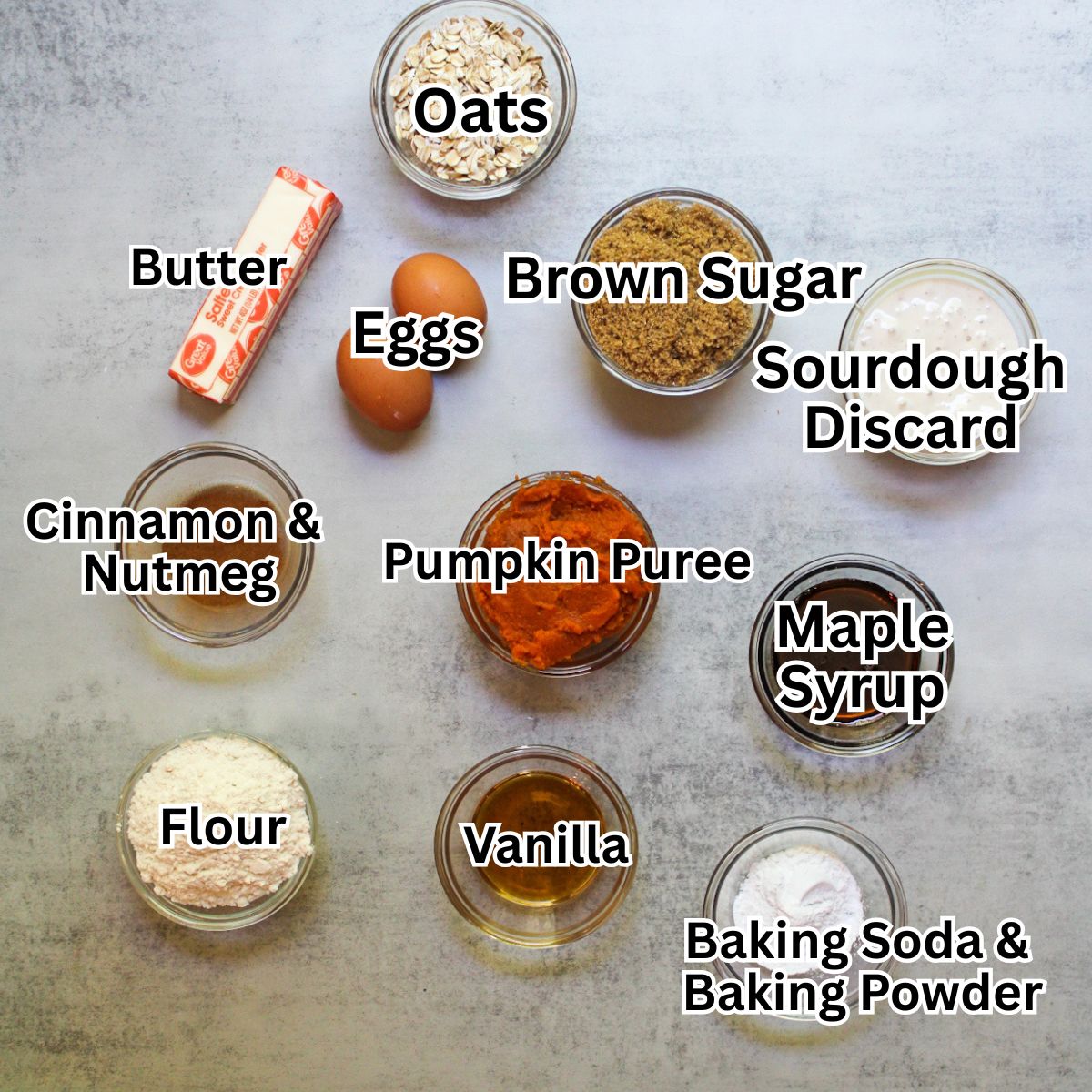The ingredients you need to make sourdough pumpkin muffins.
