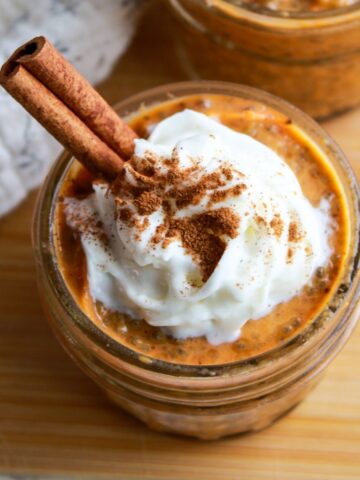 Pumpkin chia pudding in a mason jar.