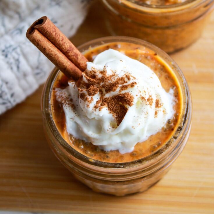 Pumpkin chia pudding in a mason jar.