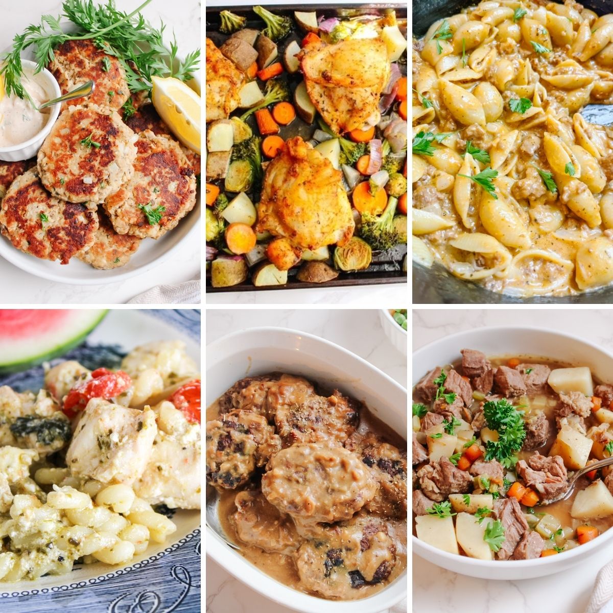 6 different recipe photos for a family meal plan.