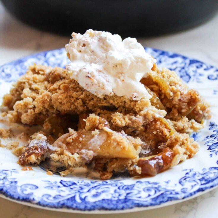 A blue floral plate with a serving of apple crisp and a topping of whipped cream.